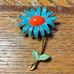Vintage Weiss Blue and Orange Enamel Flower Brooch